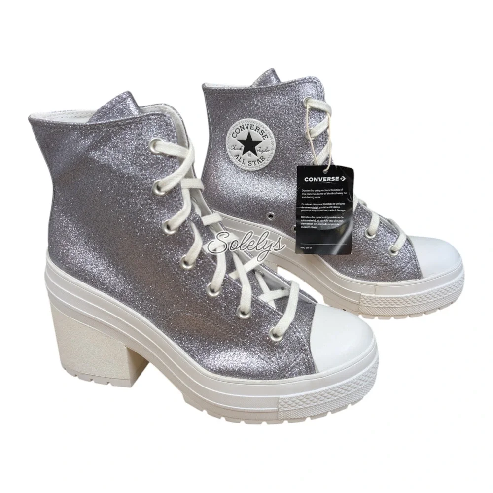 Converse Chuck 70 De Luxe Heel Platform Gunmetal Silver Glitter Sneaker Boot 9.5